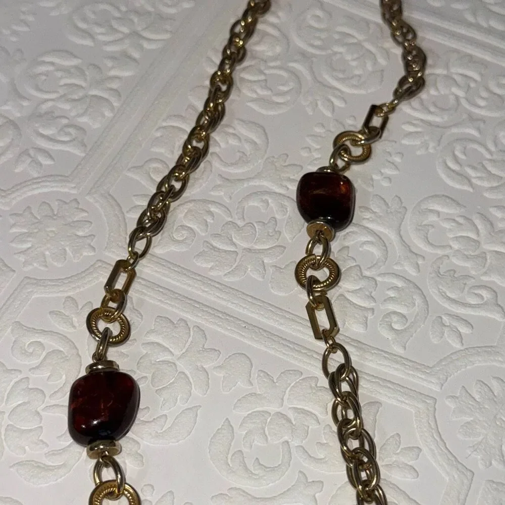Vintage Gold Tone Long Chunky Chain Necklace With‎ Faux Amber Beads 30”